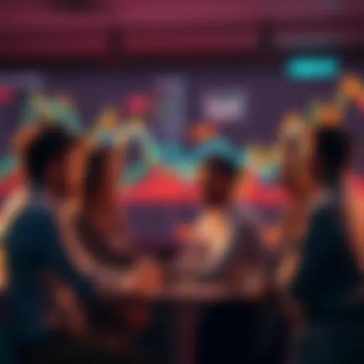 A group of people engaging in a conversation about HBAR as an investment, with charts and graphs in the background, reflecting on its long-term value.