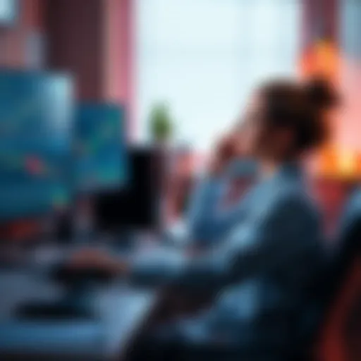 A healthcare worker sitting at a desk, looking at financial charts on a computer with a worried expression, symbolizing the stress of day trading losses.