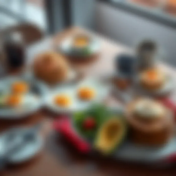 A colorful breakfast table with eggs, avocado, pancakes, and coffee