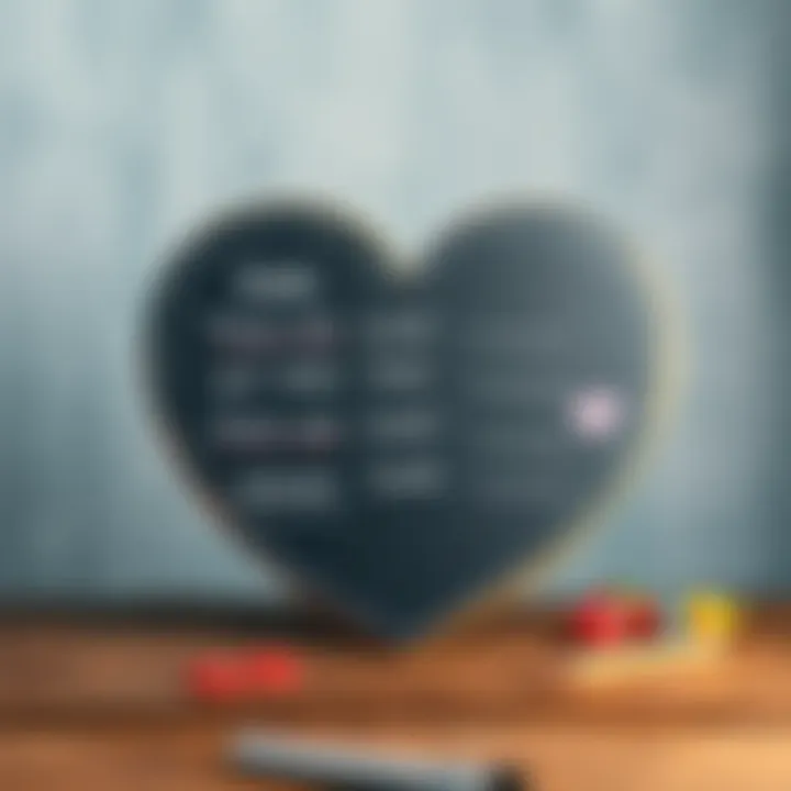 A chalkboard shaped like a heart with various prompts about love written on it, placed on a wooden table