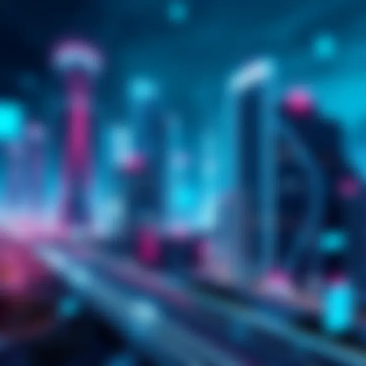 A futuristic city powered by Hedera technology, showcasing AI advancements and digital connections in 2025.