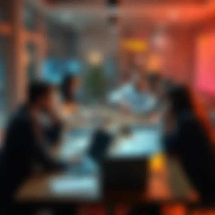 A group of people discussing Hedera blockchain ideas at a table with laptops and papers