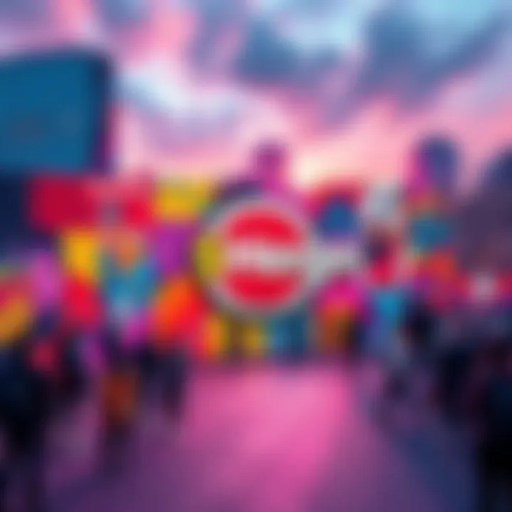 A vibrant mural featuring the $Hege logo and themes of brand marketing, surrounded by people admiring the artwork, with a cityscape in the background.