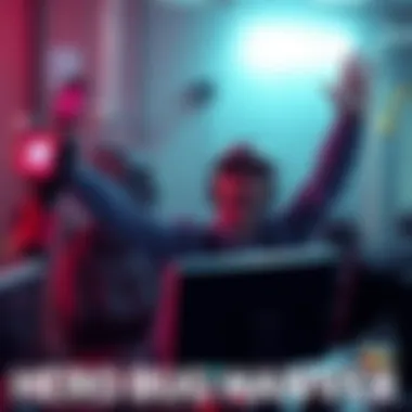A skilled bug hunter celebrates after preventing a major cyber hack with a computer in front of them.