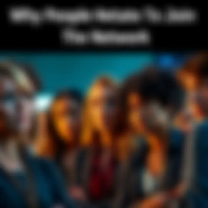 A group of people looking unsure while discussing joining a network, showing expressions of hesitation and concern over sharing their identities.