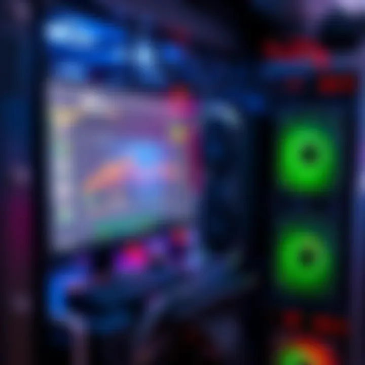 A mining rig with multiple graphics cards running, showing an impressive hashrate performance, with a focus on the computer screen displaying mining statistics.