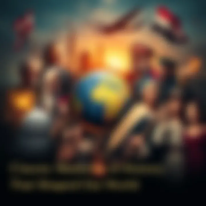 A collage of significant events that changed history, featuring icons like a globe, quill pen, and diverse people in historical attire, representing different cultures and eras.