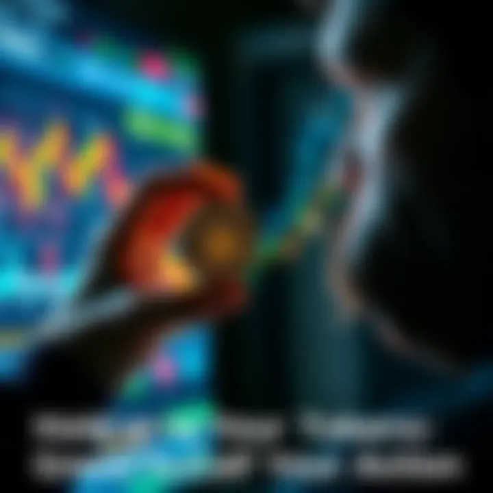 A person holding a digital token in one hand while looking at volatile market charts on a screen with a determined expression.