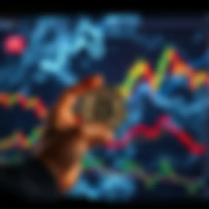 A person holding a Bitcoin symbol in one hand while facing a stormy market graph on a screen, representing resilience and commitment to investments.