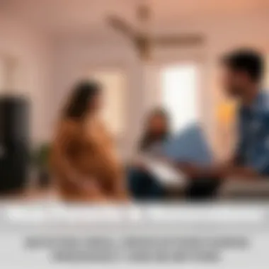 A pregnant couple discussing home renovations with a contractor, looking at plantation shutter samples in their living room