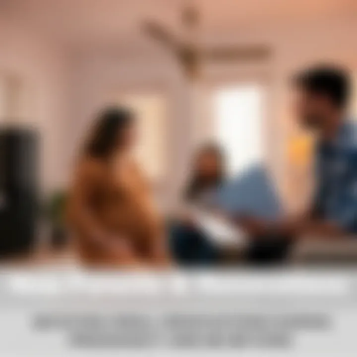 A pregnant couple discussing home renovations with a contractor, looking at plantation shutter samples in their living room