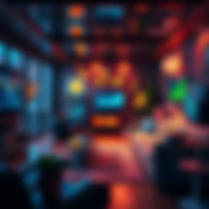 A cozy living room filled with cryptocurrency symbols and digital screens showing market trends.