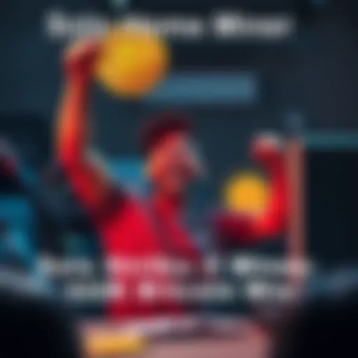 A person celebrating in front of a computer with a mining rig, holding up a Bitcoin symbol and showing excitement after a big win