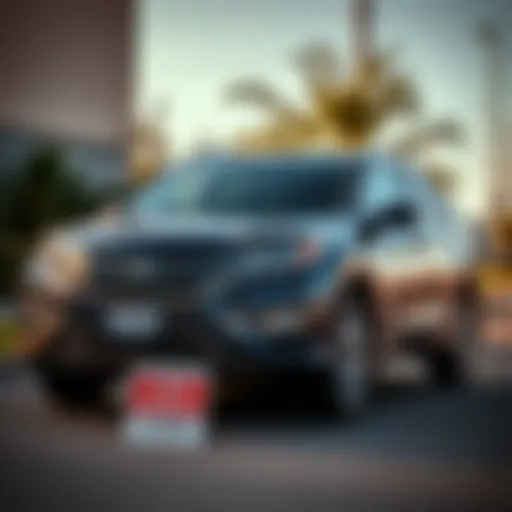 A 2014 Honda CR-V EX-L parked outside with visible wear and tear, showing its mileage of 180,000 miles, accompanied by a 'For Sale' sign with a price of $7,500.