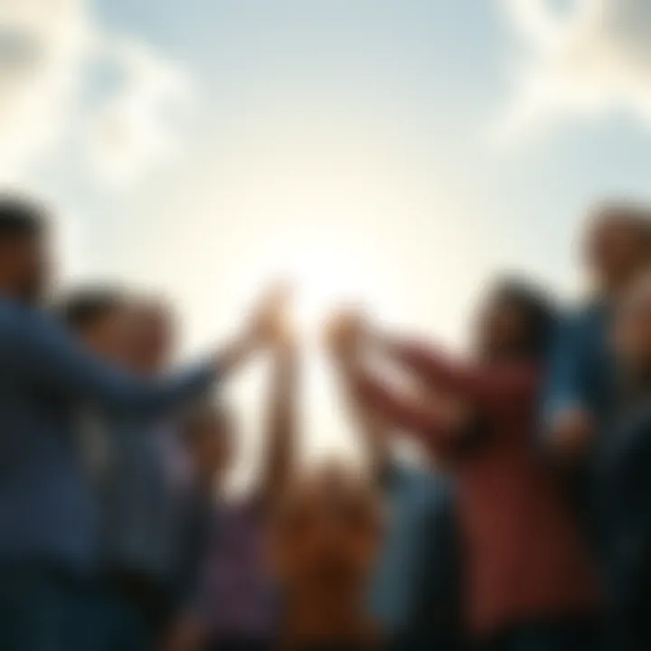 A group of diverse people holding hands in a circle, smiling and looking hopeful under a bright sky, symbolizing unity and strength in tough times.