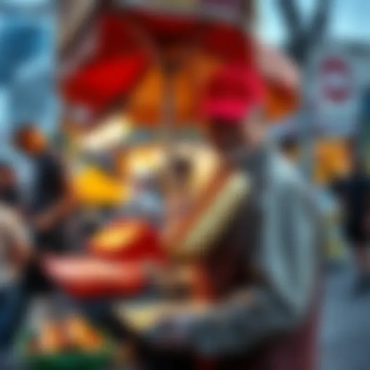 A street vendor serving fresh Kaspa hot dogs at a busy outdoor market