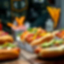 A variety of hot dogs topped with different ingredients on a table