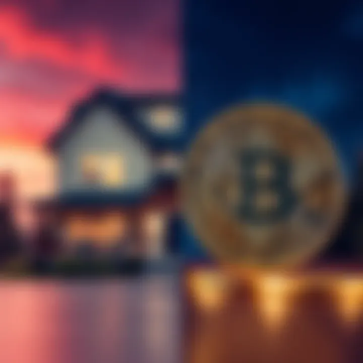 A split image showing a house on one side and Bitcoin coins on the other, representing the choice between buying a home or investing in cryptocurrency.