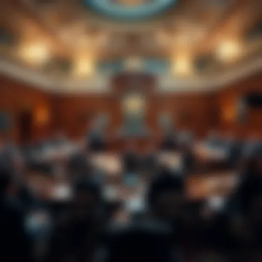 A legislative hearing room filled with lawmakers discussing tax regulations for Bitcoin and cryptocurrencies.