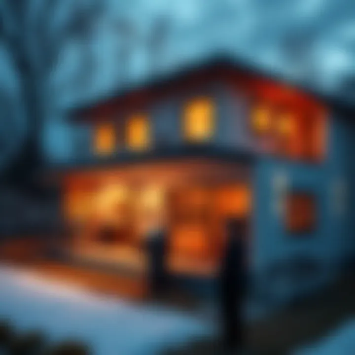 A modern house with a bitcoin mining setup, displaying pipes and equipment directing heat into the home