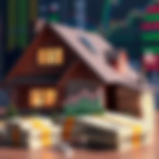 A cozy house with a graph showing stock trends and stacks of cash nearby, symbolizing mortgage decisions versus investing.