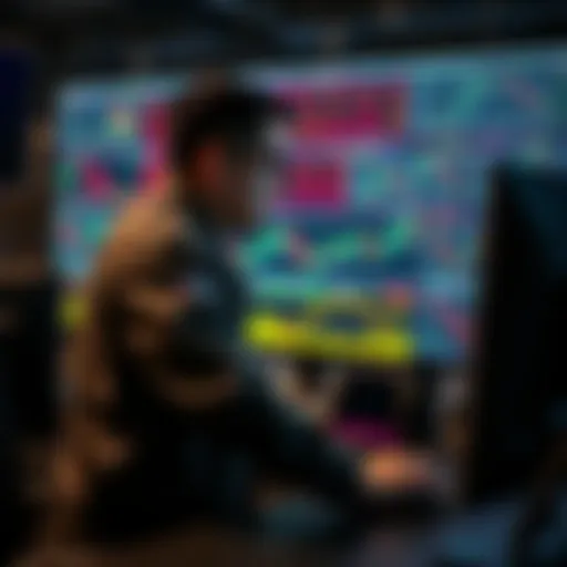 A human trader monitors automated trading software on a computer screen, with graphs and data displayed.