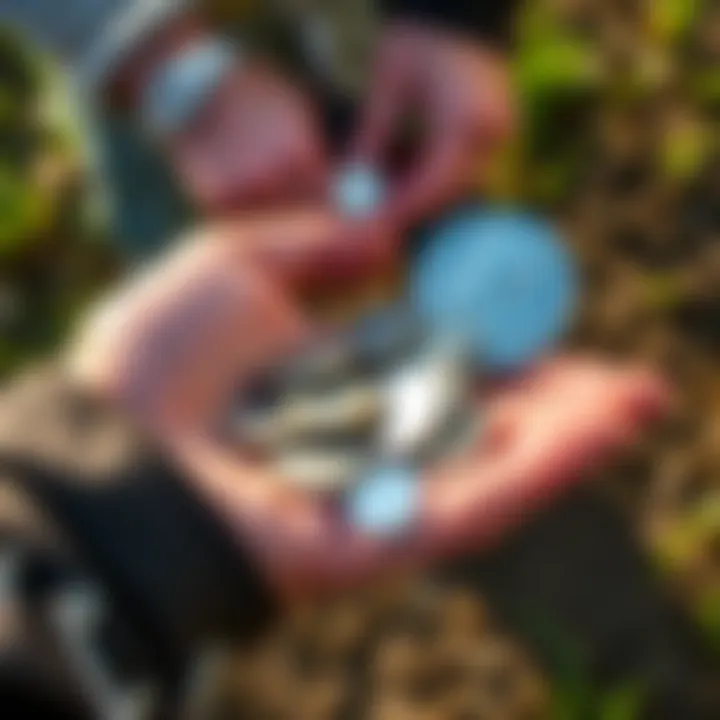 A coin hunter holds a handful of shiny silver coins and an oversized play nickel in their other hand, with a backdrop of grass and dirt, showcasing the thrill of the discovery during the hunt.