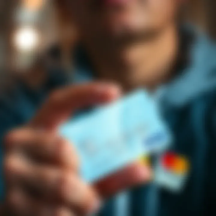 Close-up of a person contemplating an Icy White Visa card in hand, surrounded by other credit cards