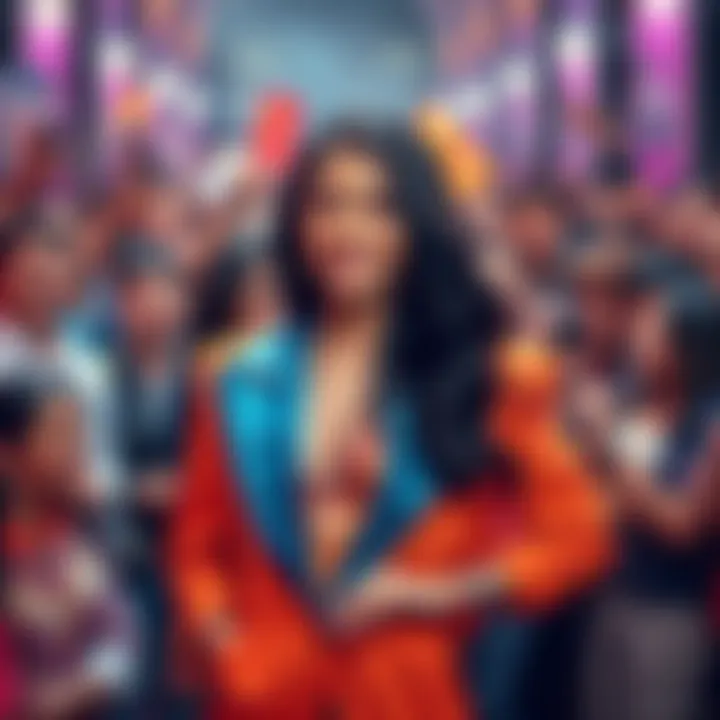 Imen Achâ Renou stands in a vibrant outfit, smiling at the camera, surrounded by fans