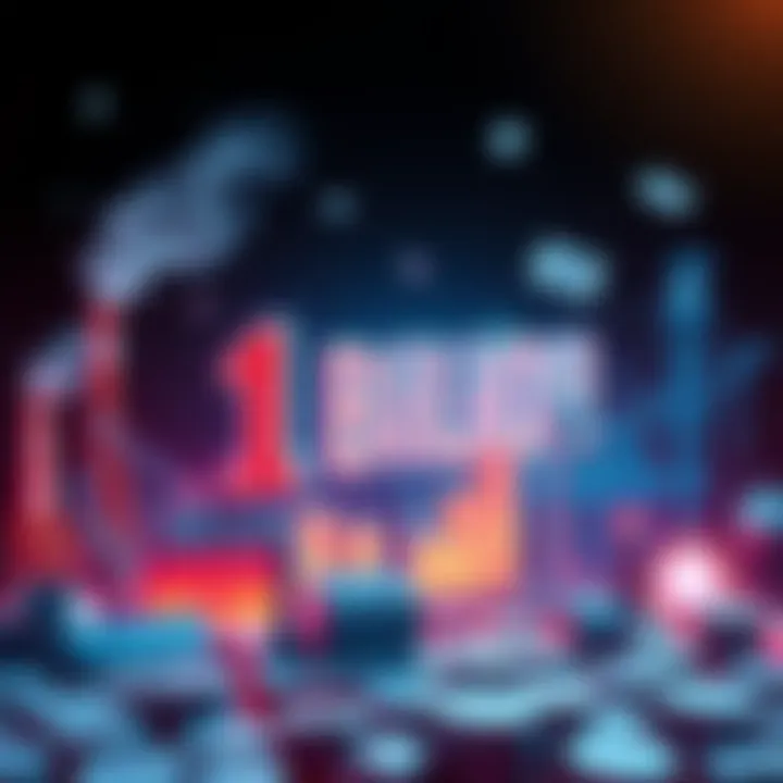 A visualization of economic growth with the number 1 billion displayed prominently, surrounded by various industry symbols like factories, graphs, and currency notes.