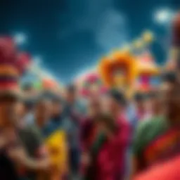 A vibrant scene of people participating in a traditional Indonesian festival, showcasing colorful costumes and lively expressions.