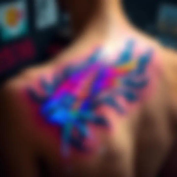 Tattoo design inspired by music and gaming A detailed look at the tattoo titled 'Infinite Baths', featuring elements from music and video games, showcasing vibrant colors and unique patterns.