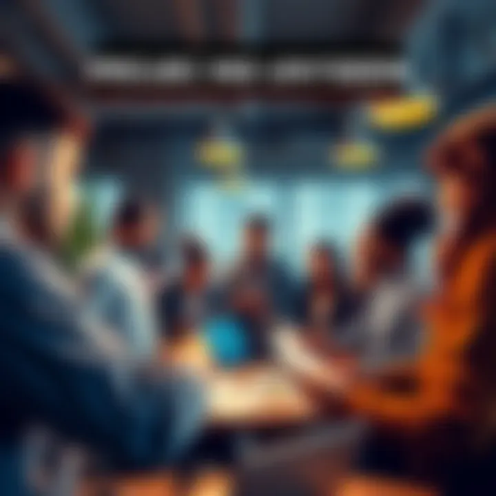 A diverse group of people discussing innovative ideas at a creative workspace with notes and sketches around them