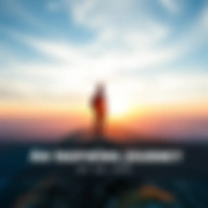 A person standing on a mountain peak, looking at the horizon, symbolizing ambition and inspiration. The sun rises in the background, casting a warm glow.