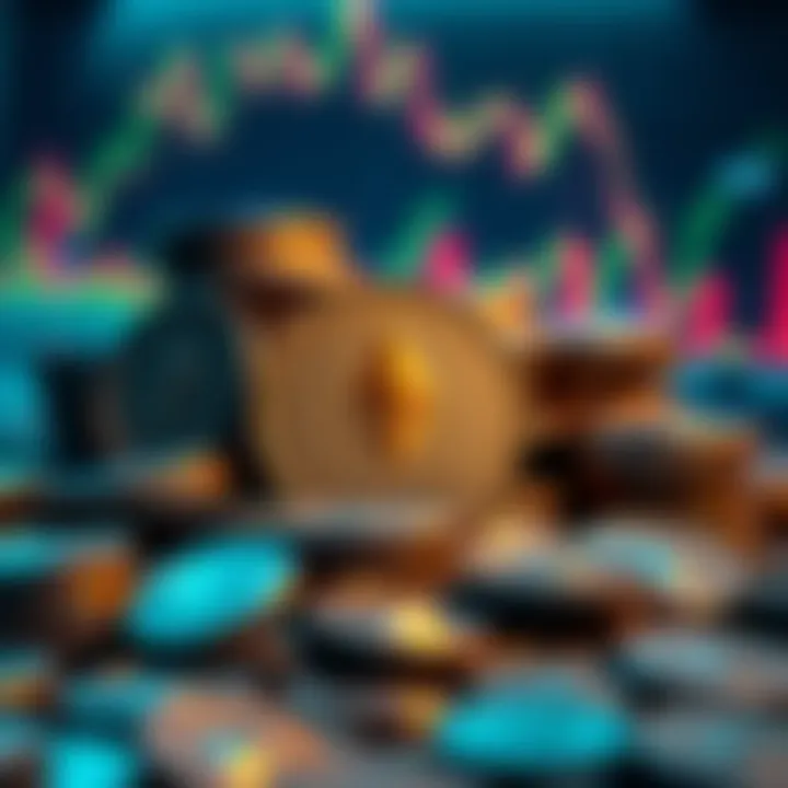 A large pile of Ethereum coins with a blurred background of financial graphs, indicating a significant investment in cryptocurrency.