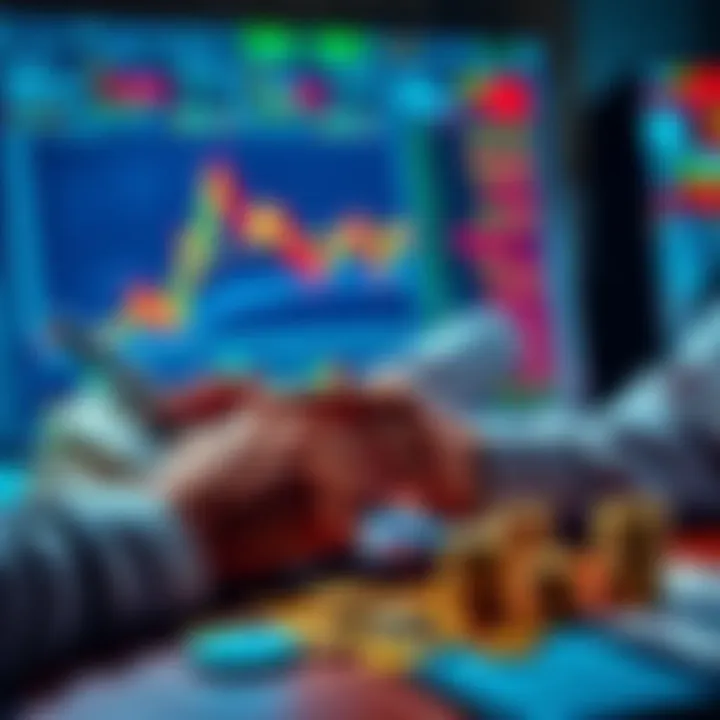 A person analyzing stock market charts with dollar bills and coins on the table, symbolizing investment strategies during inflation.