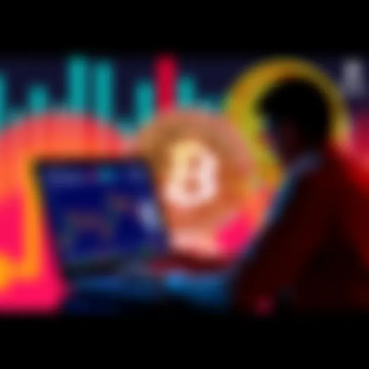 A person looking at cryptocurrency charts on a laptop, with Bitcoin and Ethereum logos in the background