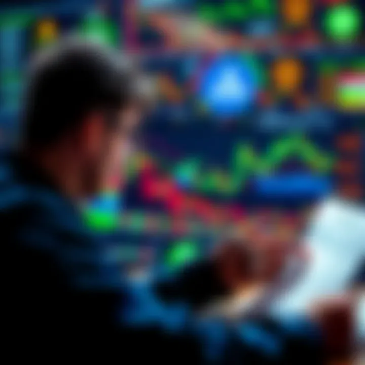A person analyzing cryptocurrency charts with a focus on Algorand, surrounded by digital currency symbols and investment notes.