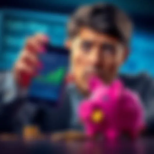 A person looking worried while holding a smartphone showing a low value coin chart, with broken piggy bank nearby