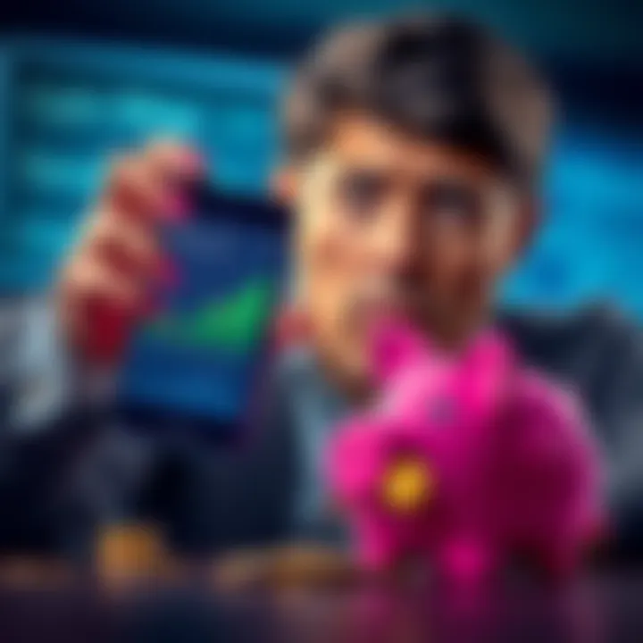 A person looking worried while holding a smartphone showing a low value coin chart, with broken piggy bank nearby