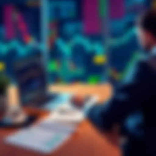 A person analyzing cryptocurrency charts on a laptop while sitting at a desk with notes and coffee