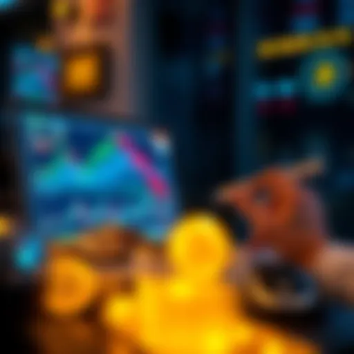 A person excitedly looking at Bitcoin charts and graphs on a laptop, showing a rise in cryptocurrency values.