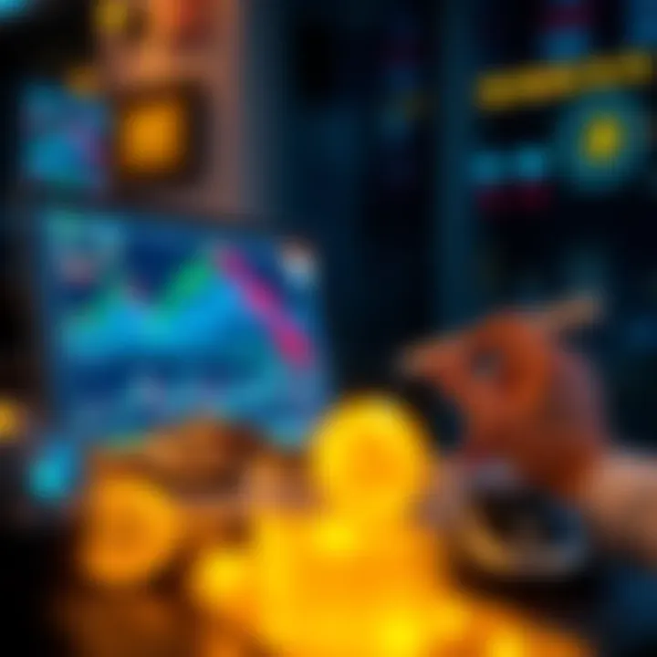 A person excitedly looking at Bitcoin charts and graphs on a laptop, showing a rise in cryptocurrency values.