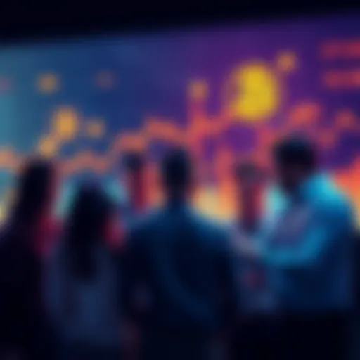 A group of people discussing cryptocurrency investments, with charts and Bitcoin symbols in the background.