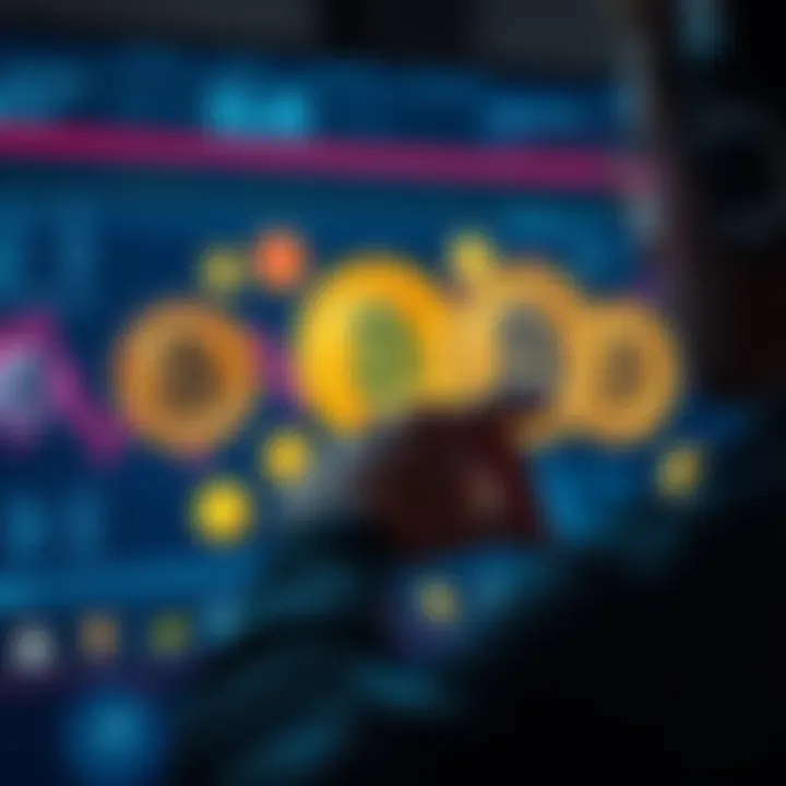 A person analyzing different cryptocurrency coins like Bitcoin, Ethereum, and Solana on a digital screen