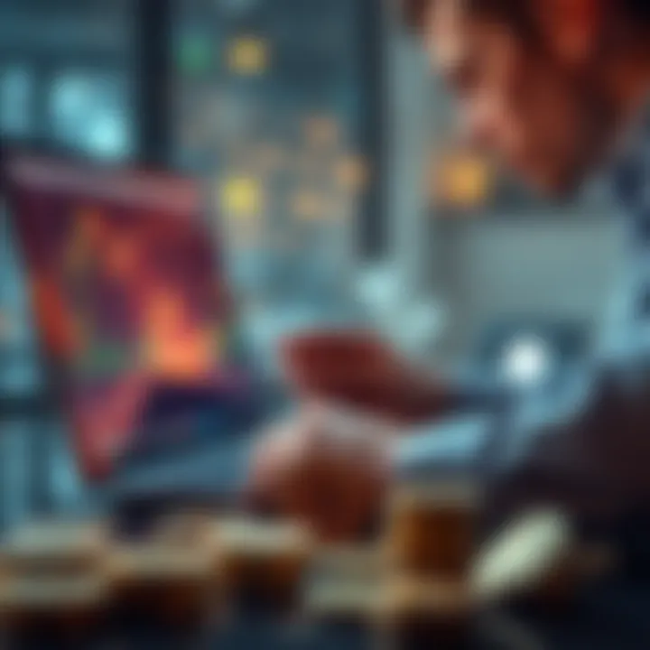 A person analyzing cryptocurrency charts on a laptop with digital coins in the foreground