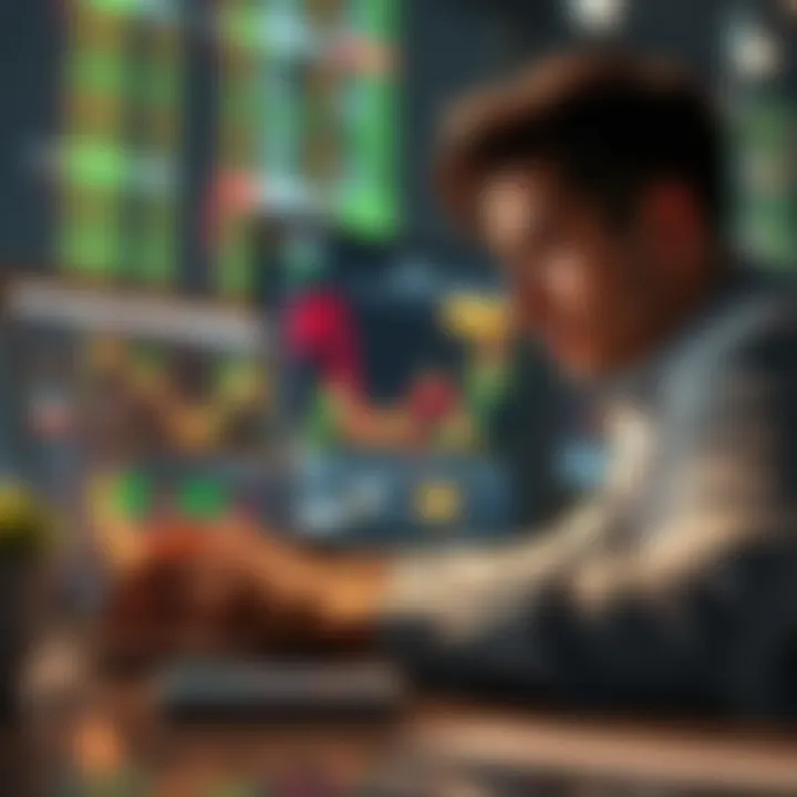A person looking at stock market graphs on a laptop, showing rising trends and investment strategies, with a thoughtful expression.