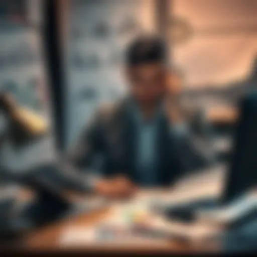 A person sitting at a desk with charts and graphs showing financial losses, looking concerned about investment risks.