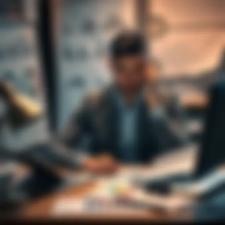 A person sitting at a desk with charts and graphs showing financial losses, looking concerned about investment risks.