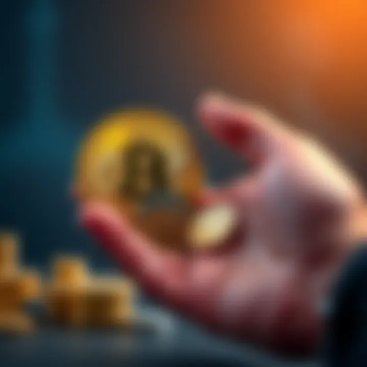 A hand holding coins next to a Bitcoin symbol, representing small investments in cryptocurrency